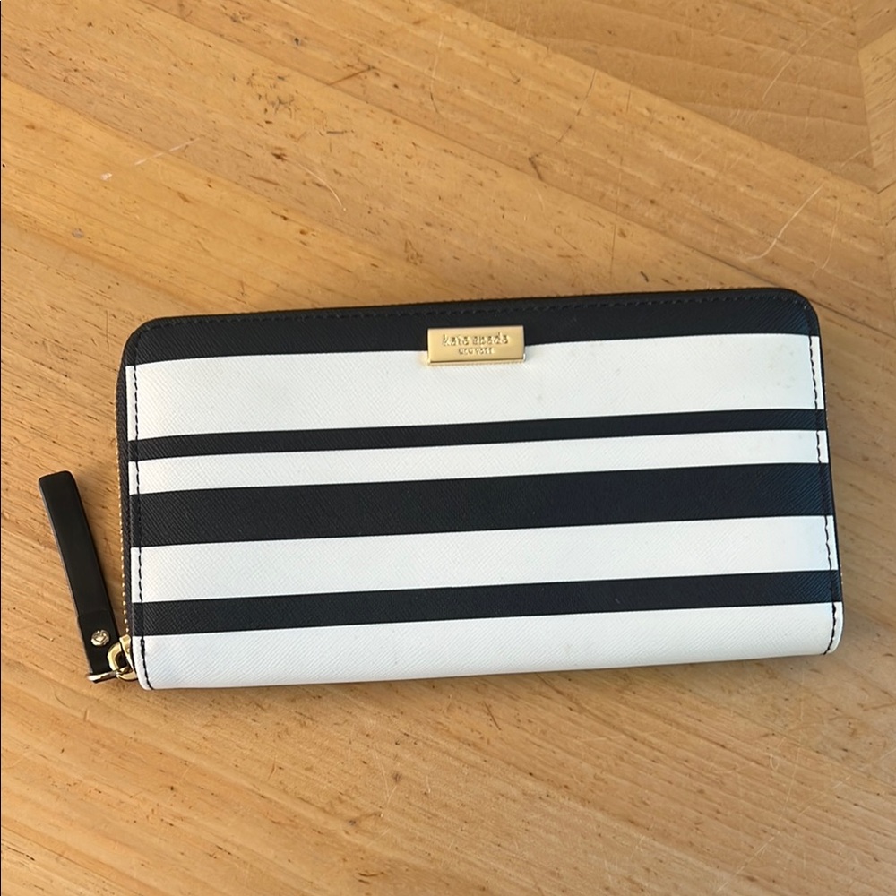 Kate Spade Black and White Striped Zip Wallet